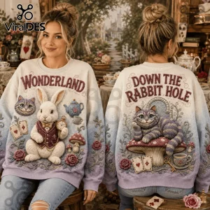 Alice in Wonderland Embossed Rabbit Ugly Sweater featuring White Rabbit, Cheshire Cat, and floral motifs on ombré fabric.