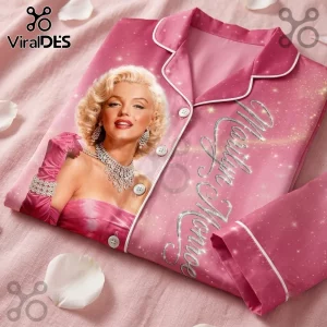 Marilyn Monroe 100th Anniversary Pink Satin Pajama Set featuring a portrait of the icon with white piping trim.