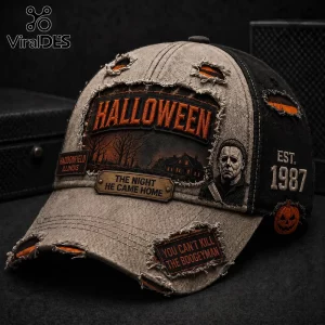 Halloween Michael Myers 2026 distressed baseball cap with Haddonfield print, graphic patches, and dark grey fabric finish.
