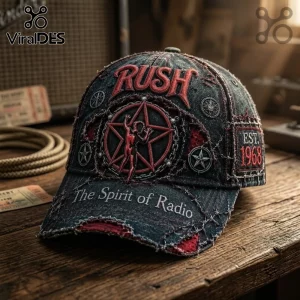 Rush 1968 Starman Black Distressed Baseball Cap featuring a red Starman emblem, white band text, and frayed denim edges.