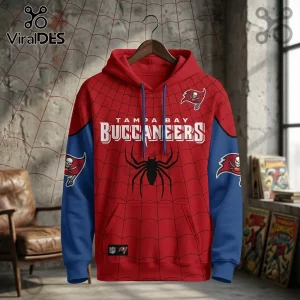 Tampa Bay Buccaneers x Spider-Man Brand New Day Hoodie in red and blue with spider-web pattern and team logos.