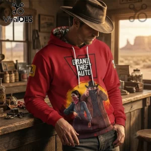 Grand Theft Auto VI red western themed shirt featuring a cowboy hat man, desert graphics, and central text print.