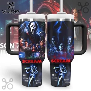 Scream Horror Movie 40oz Stanley Tumbler with Ghostface mask, movie cast graphics, and red text on a black background.