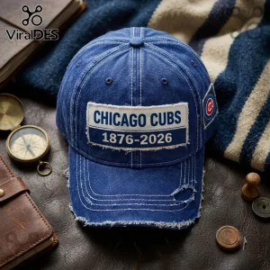 MLB Chicago Cubs 150th Anniversary Distressed Baseball Cap in blue denim with a frayed white patch and team logo on side.