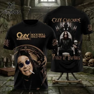 Ozzy Osbourne Rock and Roll Hall of Fame black shirt featuring a portrait of Ozzy and graphic prints of his throne room.