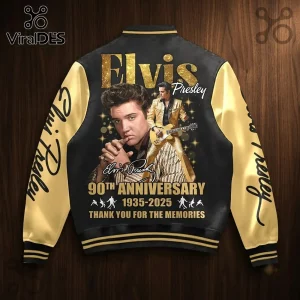 Elvis Presley 90th Anniversary black gold baseball jacket with vintage portrait, guitar graphic, and anniversary text.