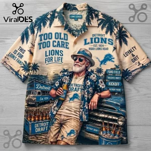 Detroit Lions Tropical Pattern Hawaiian Shirt featuring an elderly man, a classic truck, and beer-themed football graphics.