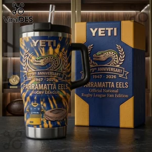 Parramatta Eels 79th Anniversary Tie-Dye 40oz Tumbler with team logo, blue and gold swirl pattern, and matching gift box.