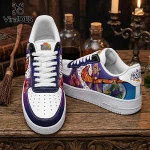 Hocus Pocus Sanderson Sisters Air Force 1 Sneakers featuring purple, orange, and blue graphics on white leather shoes.