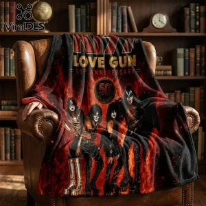 KISS Love Gun 50th Anniversary fleece blanket featuring the rock band members against a black and red fiery background.