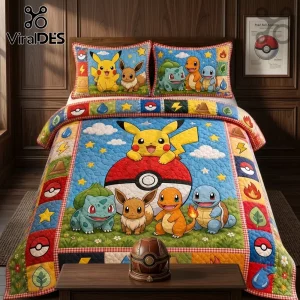 Pokemon Character Pikachu Eevee Quilt Bedding Set features iconic creatures, pokeballs, and elemental icons on blue fabric.