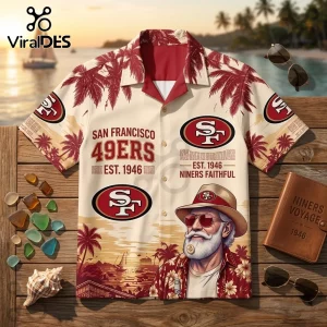 San Francisco 49ers NFL Aloha Hawaiian shirt featuring team logos, tropical palm trees, and 1946 text on a beige background.