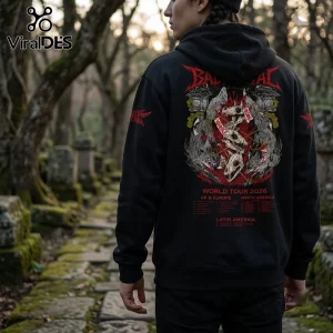 Babymetal 2026 World Tour Wolf Mascot Black Hoodie featuring a back print of skeletal wolves, Japanese shrines, and text.
