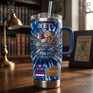 Western Bulldogs 149th Anniversary YETI Stanley tumbler with blue tie-dye pattern, bulldog logo, and stadium graphic.