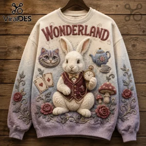 Alice in Wonderland Embossed Rabbit Ugly Sweater featuring a central white rabbit, Cheshire cat, and teacup on beige knit.