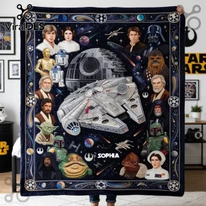 Star Wars Personalized Custom Name Soft Fleece Blanket featuring Millennium Falcon and character portraits on dark background.