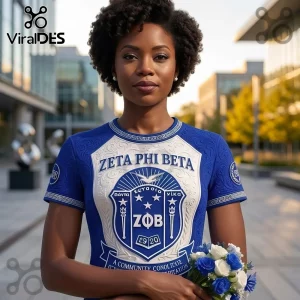 Zeta Phi Beta Sorority Royal Blue Shirt featuring white shield logo, Greek lettering, and ornate embossed fabric patterns.