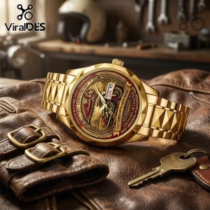 Indian Motorcycle 125th Anniversary Gold Tone Quartz Watch featuring an embossed dial on a leather background.