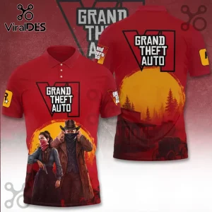 Grand Theft Auto VI Red Premium Polo Shirt featuring a front character design and a back western sunset graphic print.