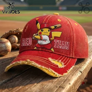 Boston Red Sox Pikachu Distressed Baseball Cap in red fabric with yellow accents, featuring a baseball-playing Pikachu.