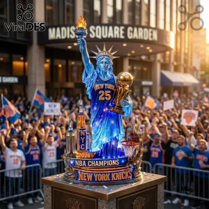 New York Knicks 2026 NBA Champions Acrylic Light Box featuring a Statue of Liberty holding a gold championship trophy.