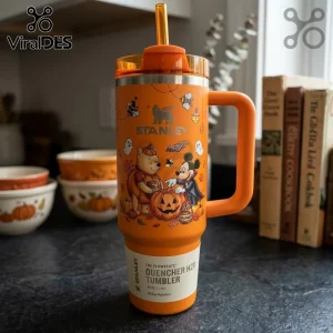 Disney Winnie the Pooh Mickey Mouse Halloween 40oz Tumbler in bright orange featuring spooky character illustrations.