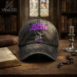 Black Sabbath Ozzy Osbourne washed black baseball cap featuring purple text and a white demon graphic on the front.