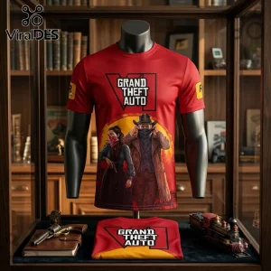 Grand Theft Auto VI Red Western Themed Shirt featuring an outlaw couple graphic, logo text, and a circular sunset background.