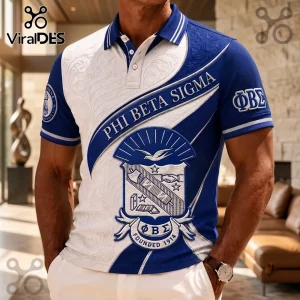 Phi Beta Sigma 1914 Heritage Polo Shirt in blue and white with fraternity crest embroidery and collar button placket.