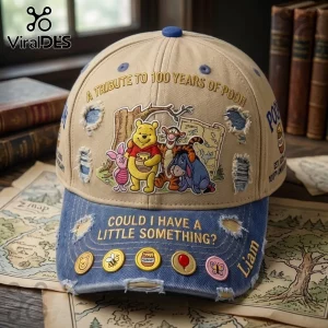 Winnie the Pooh Woodland Friends Distressed Baseball Cap in khaki and blue denim with embroidered character patches.