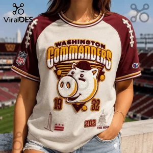 Washington Commanders Mascot Embossed Shirt with burgundy raglan sleeves, featuring a hog logo and 1932 team text.