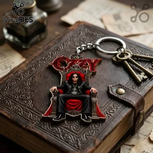 Ozzy Osbourne Throne Custom Shape Keychain featuring Ozzy in black on a red throne with the Ozzy logo above.