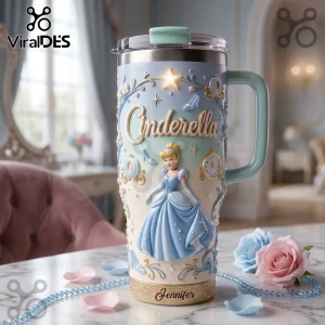 Cinderella Princess Stanley Tumbler 40oz with 3D embossed character, clock, carriage, and name personalization.