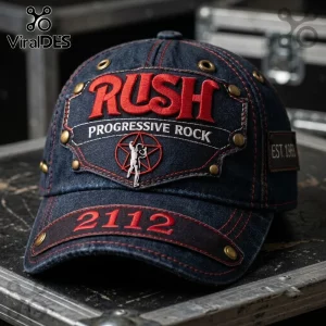 Rush 2112 Starman Distressed Denim Cap featuring red embroidery, bronze rivets, and progressive rock band iconography.