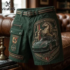 Porsche Motorsport Embossed Cargo Casual Shorts in dark green cotton featuring racing car graphics and leather-like patches.