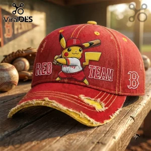 Boston Red Sox Pikachu Distressed Baseball Cap featuring a yellow electric mouse character holding a wooden baseball bat.