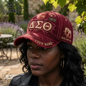 Delta Sigma Theta Red Distressed Baseball Cap featuring Greek letters, elephant logo, and 1913 embroidery on red fabric.