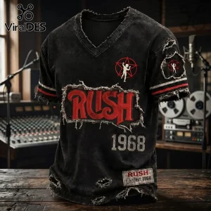 Rush Rock Band Limited Edition Distressed T-Shirt in black with red logo, star-man graphic, and raw hem detailing.
