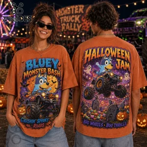 Bluey Halloween Monster Bash Orange T-Shirt featuring Bluey driving a monster truck graphic with pumpkins and tombstones.