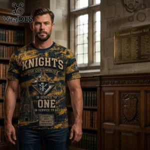 NRL Knights of Columbus Patriotic Knight T-Shirt featuring navy blue and gold graphics with organizational crests and text.