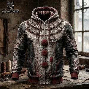 Pennywise Horror Clown Premium Zip Up Hoodie featuring a ruffled collar, red pom-poms, and a distressed gray and black design.
