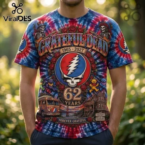 Grateful Dead Haight Ashbury 1965-2027 Anniversary Shirt featuring tie-dye colors, band skeletons, and dancing bears graphic.