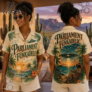 Parliament Funkadelic Beige Hawaiian shirt featuring a spaceship, palm trees, and ocean sunset graphic on light fabric.