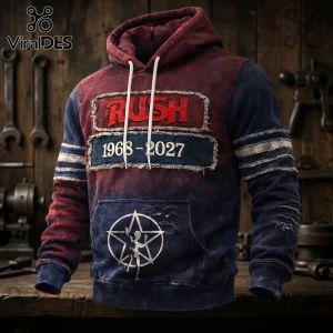Rush 1968-2027 Starman Pullover Hoodie featuring distressed red and blue fabric with a white Starman logo and raw-edge patches.
