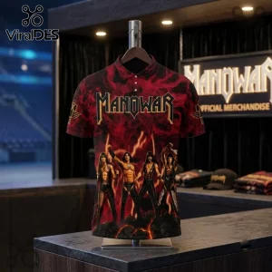 Manowar Red Flame World Tour 2027 Polo Shirt featuring band members and fire graphics on a black and red patterned fabric.