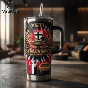St Kilda Saints 153rd Anniversary YETI Stanley Tumbler with tie-dye red and black print, logo, and stainless steel straw.