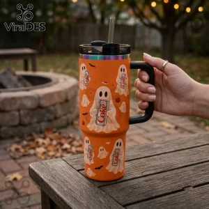 Orange Ghost Diet Coke 40oz Stanley Tumbler featuring white cartoon ghosts holding soda cans on a bright orange background.