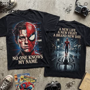 Spider-Man Brand New Day Limited Edition Shirt featuring a split face design on front and a cinematic back print.