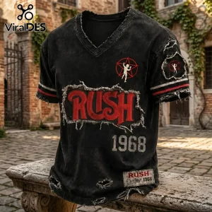 Rush Rock Band Limited Edition Distressed T-Shirt featuring a red logo, vintage 1968 print, and raw frayed edges on black.