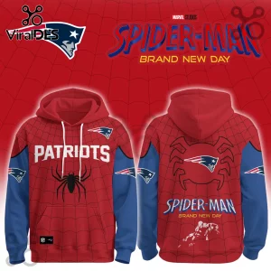 New England Patriots x Spider-Man Brand New Day hoodie featuring red and blue spiderweb patterns and team logos.